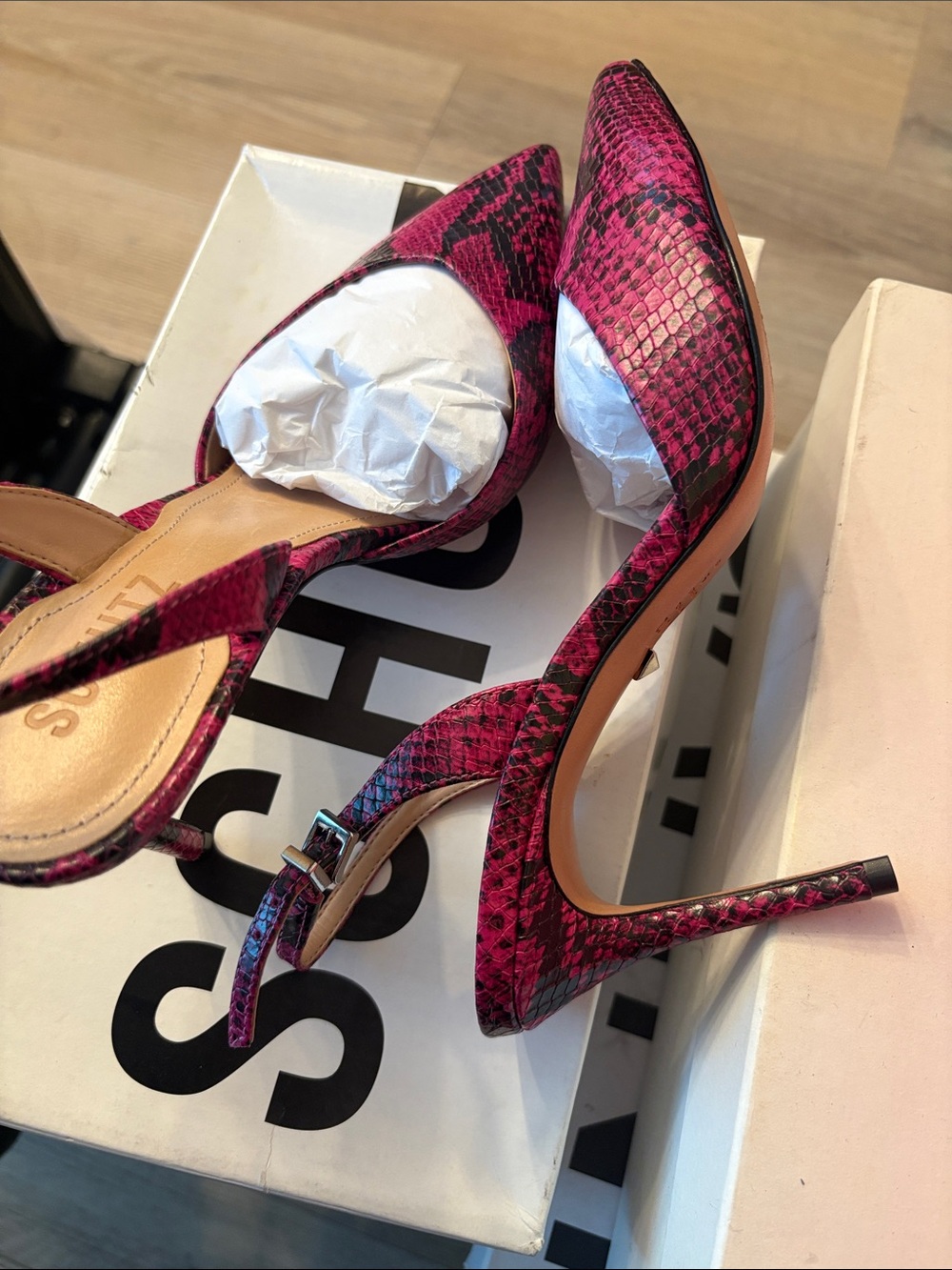 SCHUTZ Hot Pink Snake-Print Pointed Slingback Pumps 80 - Picture 6 of 7